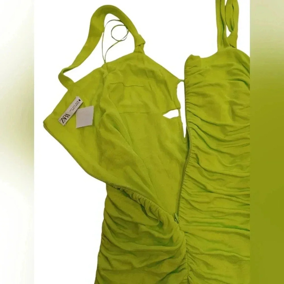 Zara NWT Bright Green Ruched Sleeveless Bodycon Mini Dress  Size Small - Picture 5 of 8